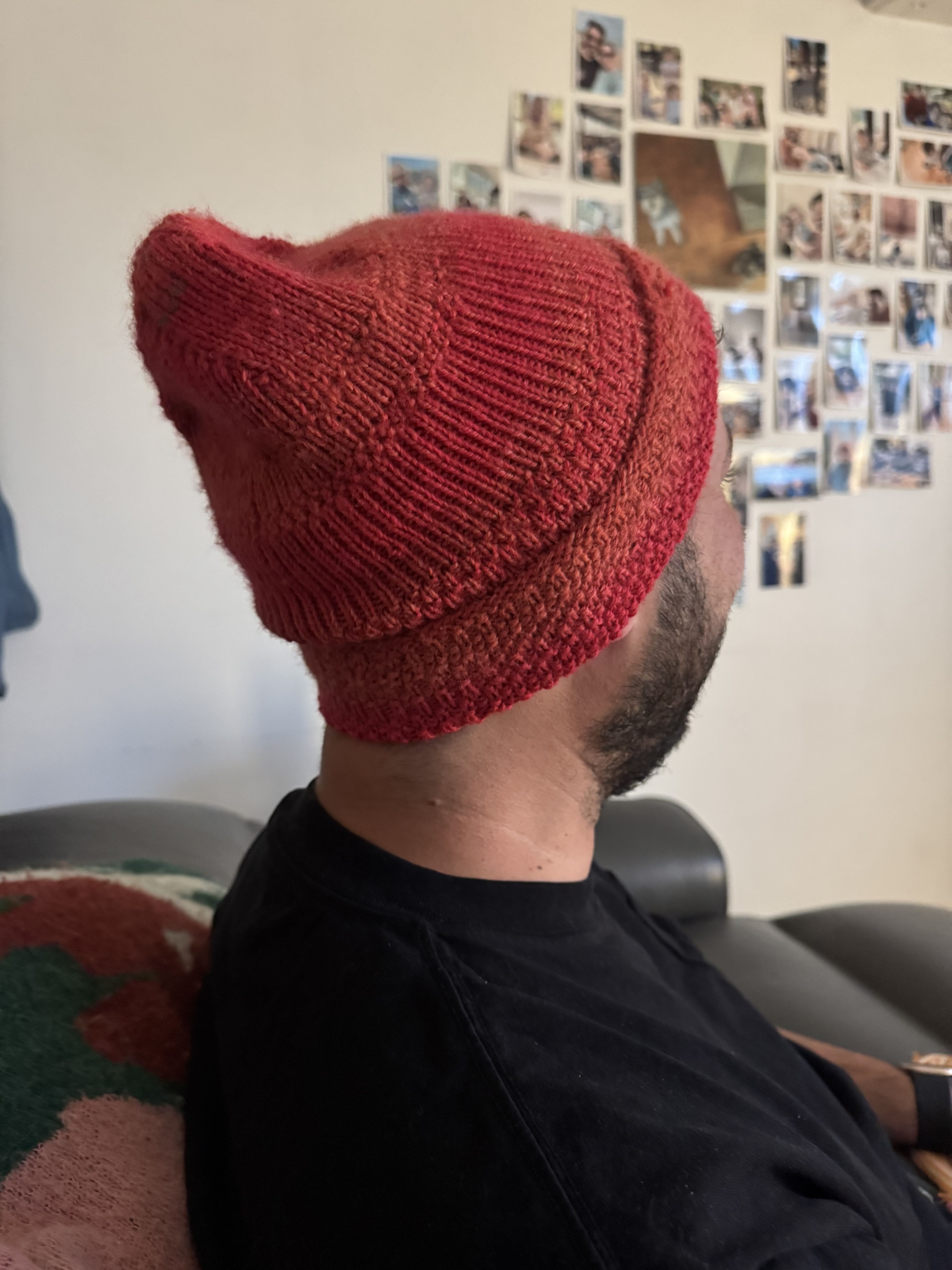 A person wearing a red knitted hat and a black shirt sitting on a couch with photos on the wall.