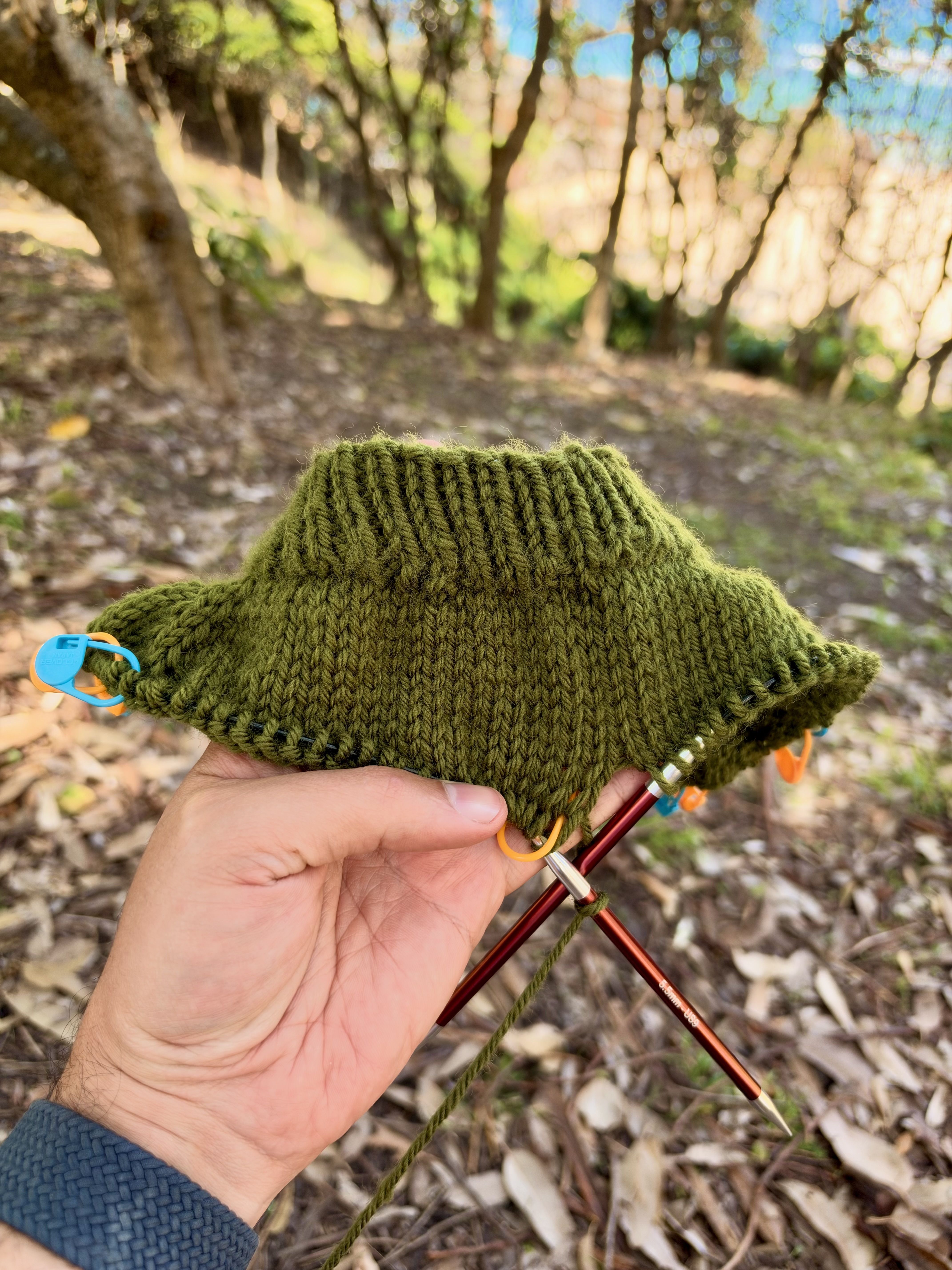 A person holds a green knitted hat in a forest setting.