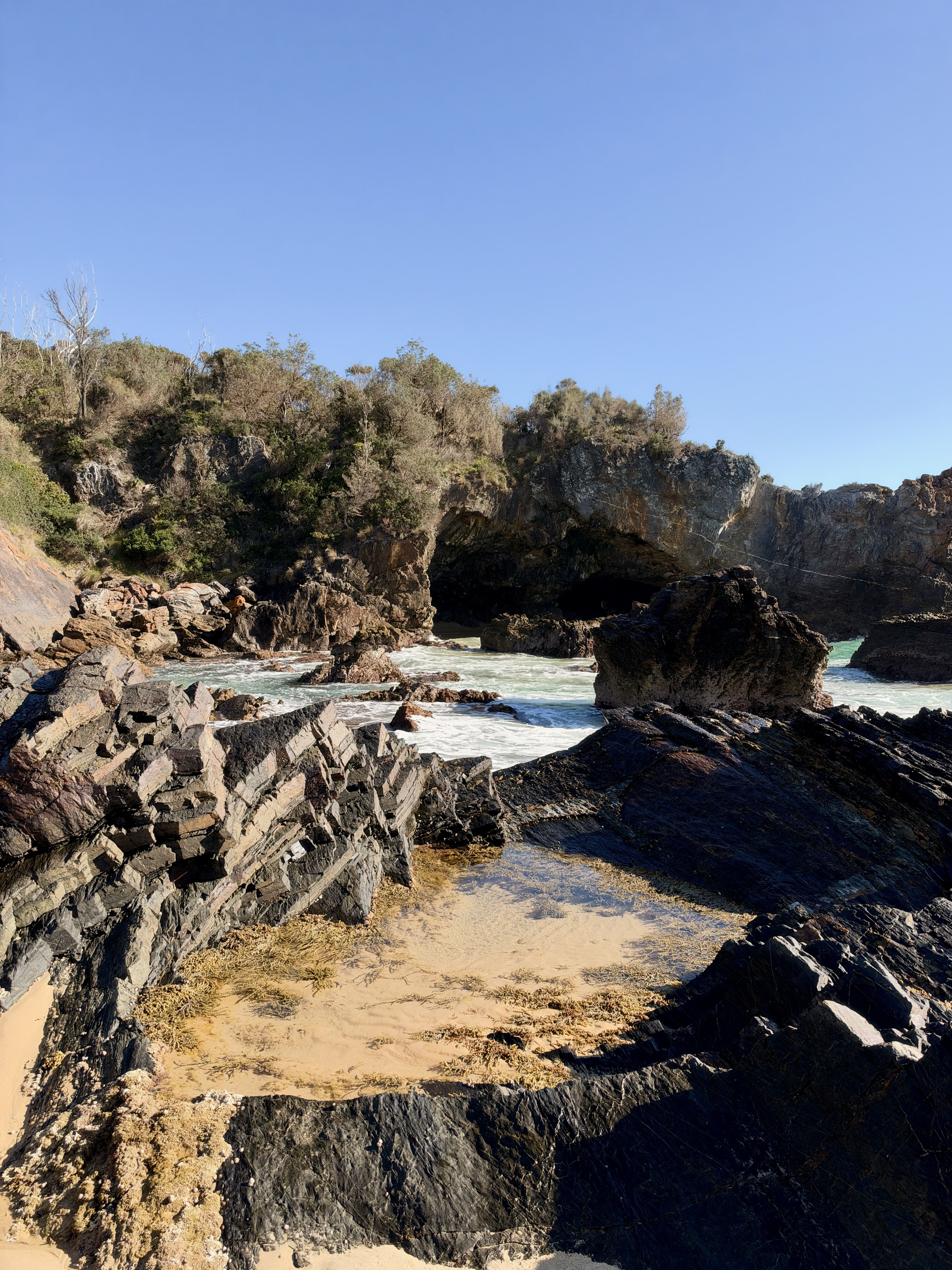Rocky shoreline with water, sand, and vegetation under a clear blue sky.