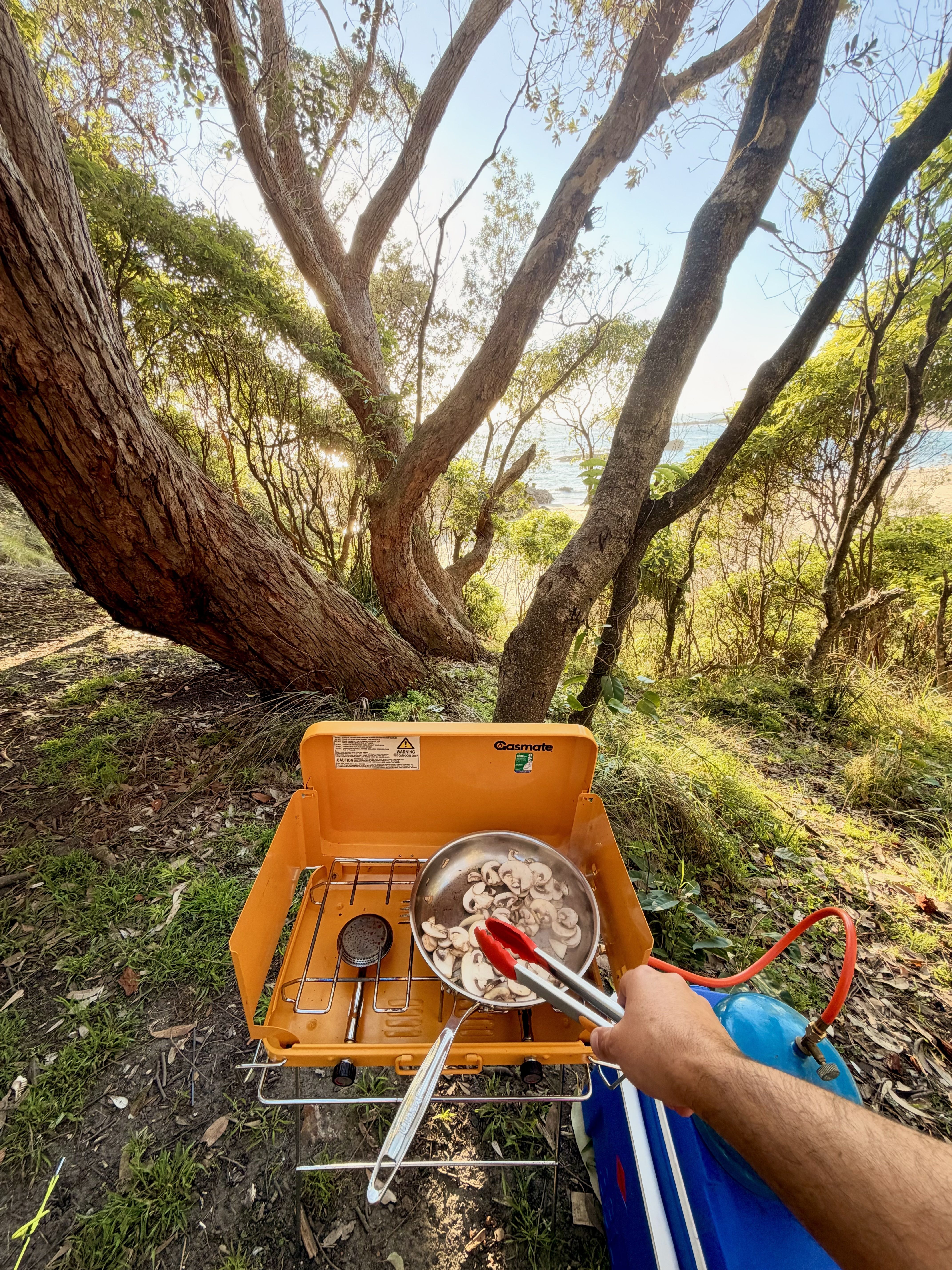 A person uses a red spatula to cook in a pan on a portable stove in a wooded area.